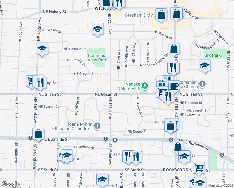 map of restaurants, bars, coffee shops, grocery stores, and more near 17240 Northeast Glisan Street in Portland