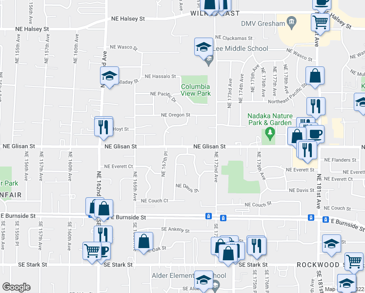 map of restaurants, bars, coffee shops, grocery stores, and more near 16845 Northeast Glisan Street in Portland