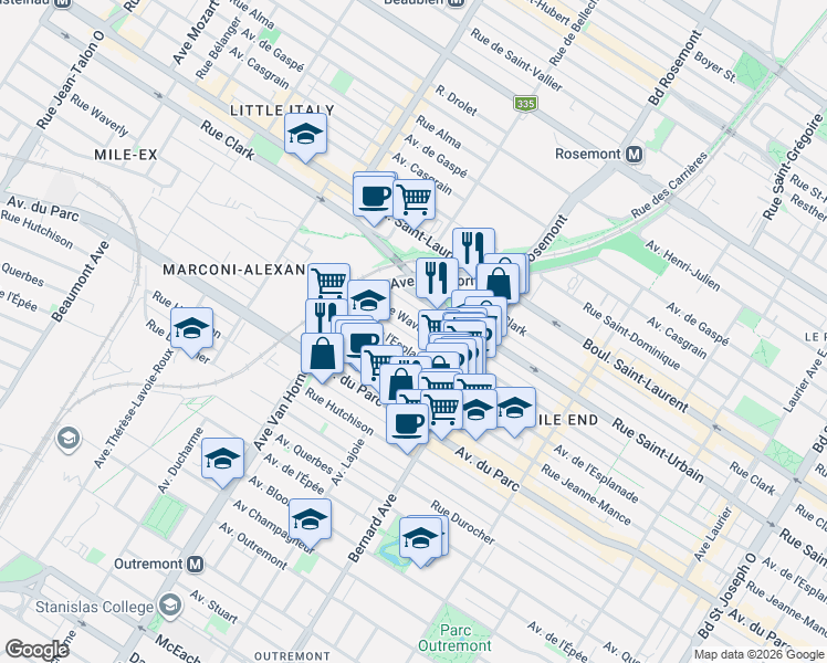 map of restaurants, bars, coffee shops, grocery stores, and more near 5976 Rue Waverly in Montréal