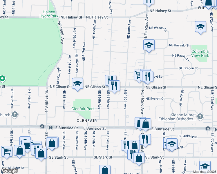 map of restaurants, bars, coffee shops, grocery stores, and more near NE 157th Ave & NE Glisan St in Portland