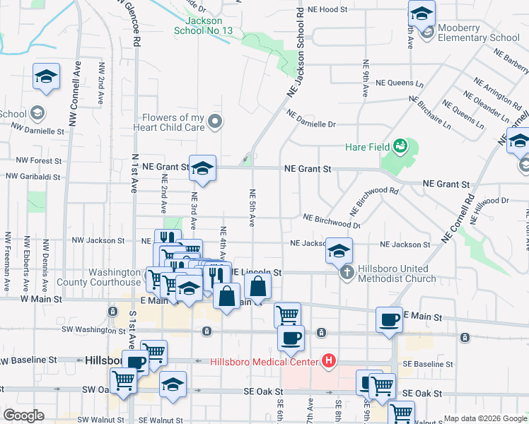 map of restaurants, bars, coffee shops, grocery stores, and more near 525 Northeast Edison Street in Hillsboro