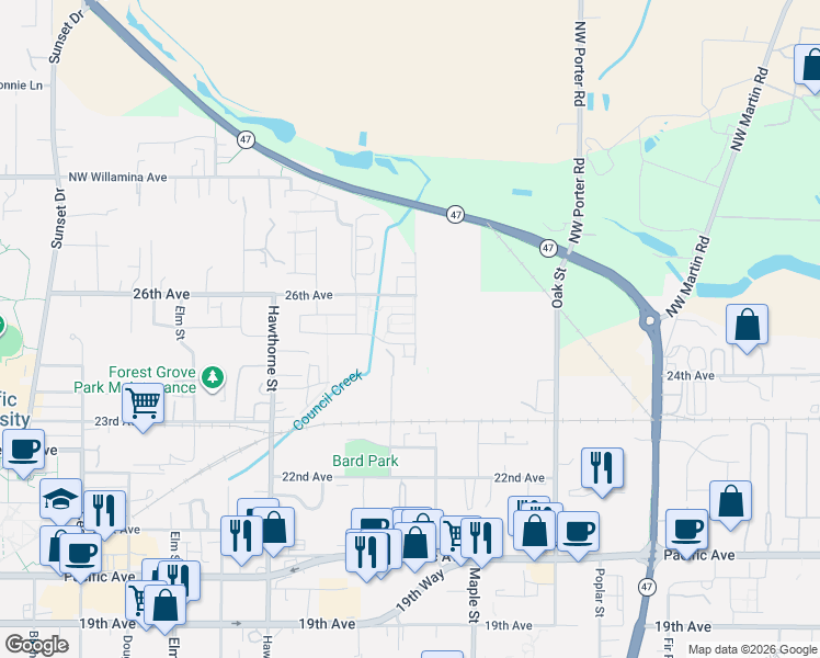 map of restaurants, bars, coffee shops, grocery stores, and more near 2501 Carson Loop in Forest Grove