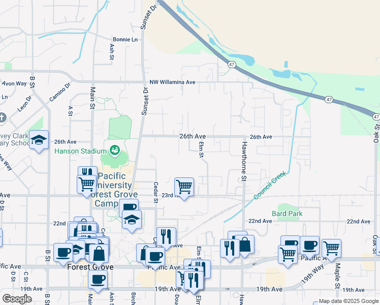 map of restaurants, bars, coffee shops, grocery stores, and more near 2422 25th Avenue in Forest Grove