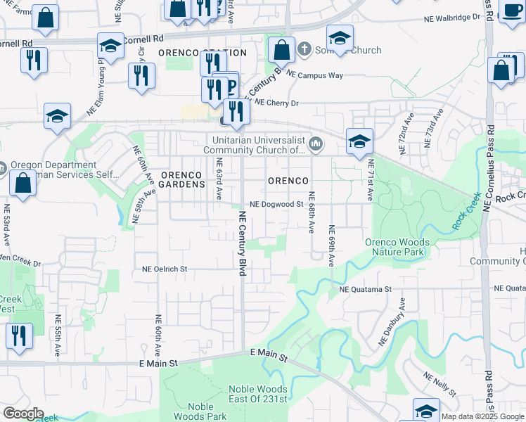map of restaurants, bars, coffee shops, grocery stores, and more near 6620 Northeast Dogwood Street in Hillsboro