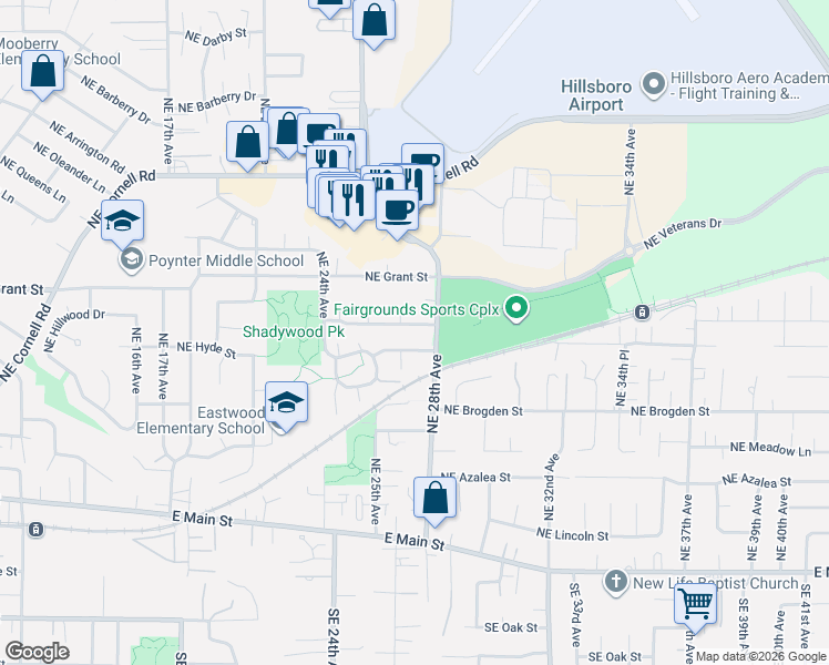map of restaurants, bars, coffee shops, grocery stores, and more near 2694 Northeast Laura Street in Hillsboro