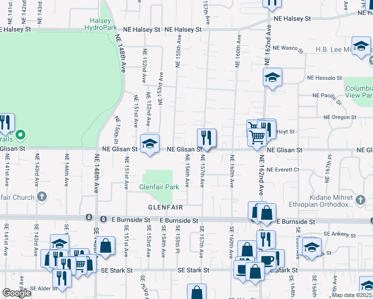 map of restaurants, bars, coffee shops, grocery stores, and more near 15567 Northeast Glisan Street in Portland
