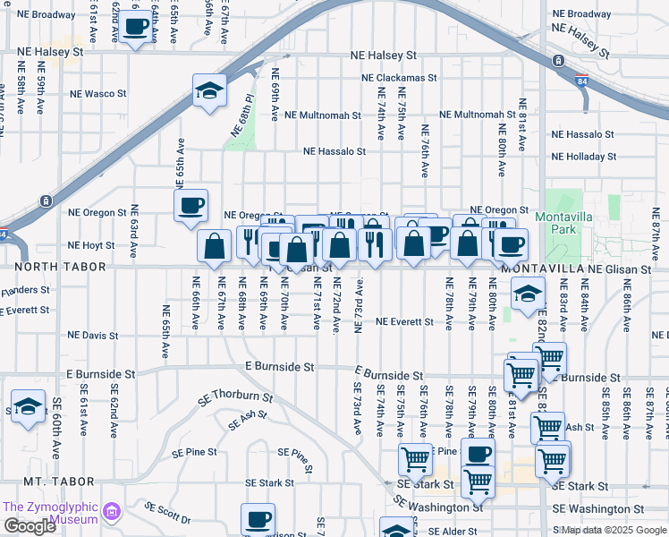 map of restaurants, bars, coffee shops, grocery stores, and more near 7150 Northeast Glisan Street in Portland
