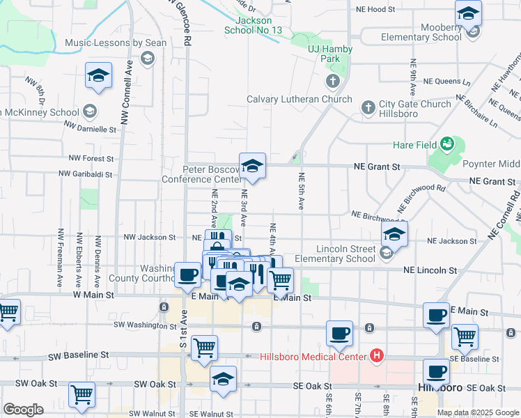 map of restaurants, bars, coffee shops, grocery stores, and more near 347 NE Edison St in Hillsboro