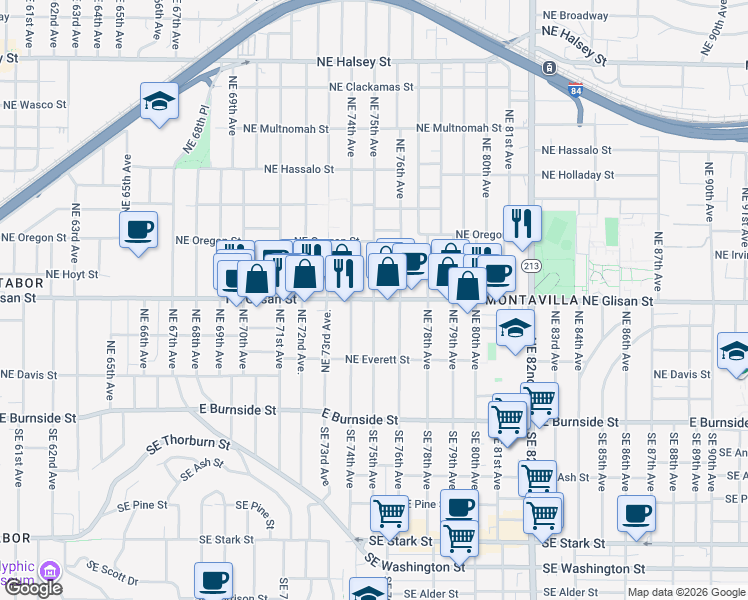 map of restaurants, bars, coffee shops, grocery stores, and more near NE Glisan St & NE 75th Ave in Portland