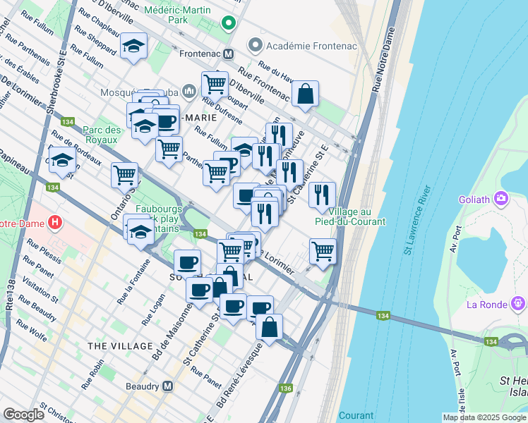 map of restaurants, bars, coffee shops, grocery stores, and more near 1450 Rue Parthenais in Montréal