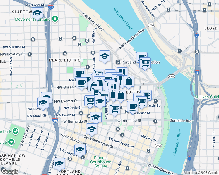 map of restaurants, bars, coffee shops, grocery stores, and more near 720 Northwest Glisan Street in Portland