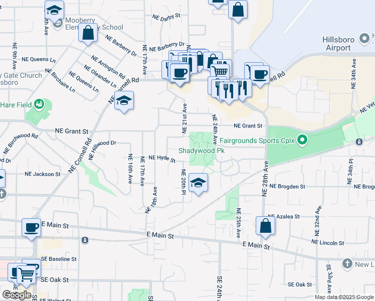 map of restaurants, bars, coffee shops, grocery stores, and more near 2070 Northeast Laura Court in Hillsboro