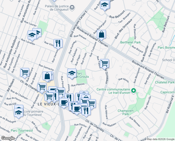 map of restaurants, bars, coffee shops, grocery stores, and more near 280 Rue Toulouse in Longueuil