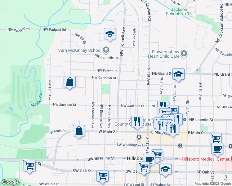 map of restaurants, bars, coffee shops, grocery stores, and more near 381 Northwest Connell Avenue in Hillsboro