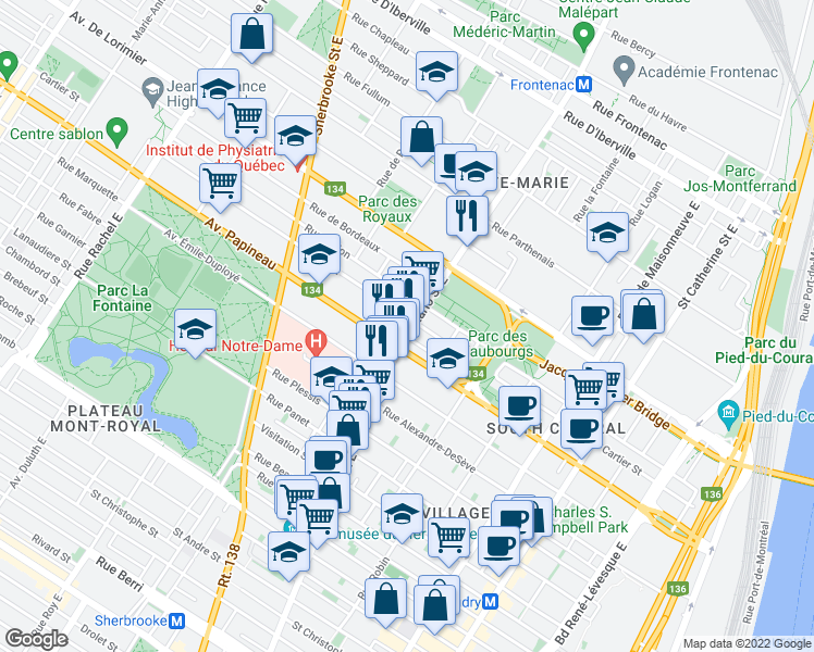 map of restaurants, bars, coffee shops, grocery stores, and more near 1841 Rue Ontario Est in Montréal