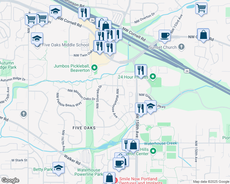map of restaurants, bars, coffee shops, grocery stores, and more near 950 Northwest 161st Terrace in Beaverton