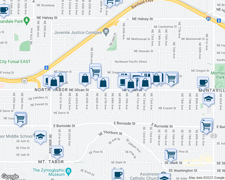 map of restaurants, bars, coffee shops, grocery stores, and more near NE Glisan St & NE 68th Ave in Portland