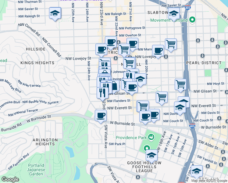 map of restaurants, bars, coffee shops, grocery stores, and more near 2225 Northwest Glisan Street in Portland