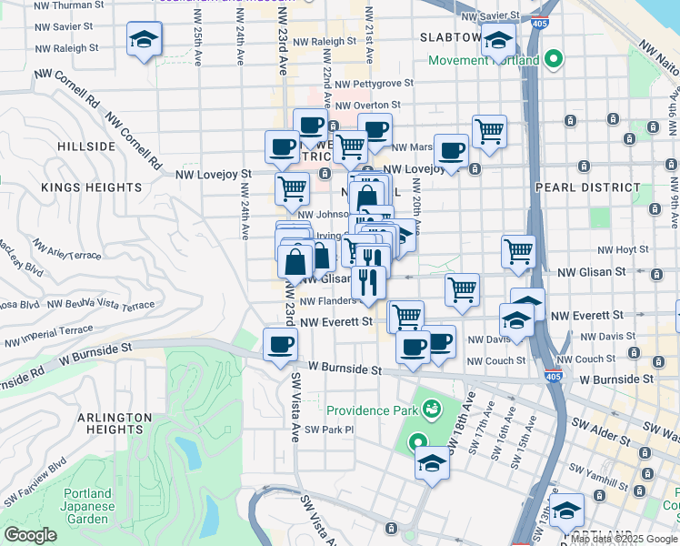 map of restaurants, bars, coffee shops, grocery stores, and more near 2181 Northwest Glisan Street in Portland