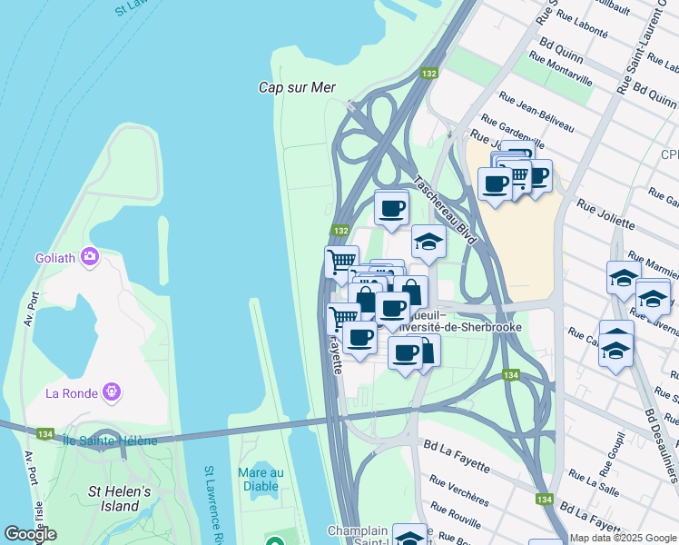 map of restaurants, bars, coffee shops, grocery stores, and more near 5 Rue de la Barre in Longueuil