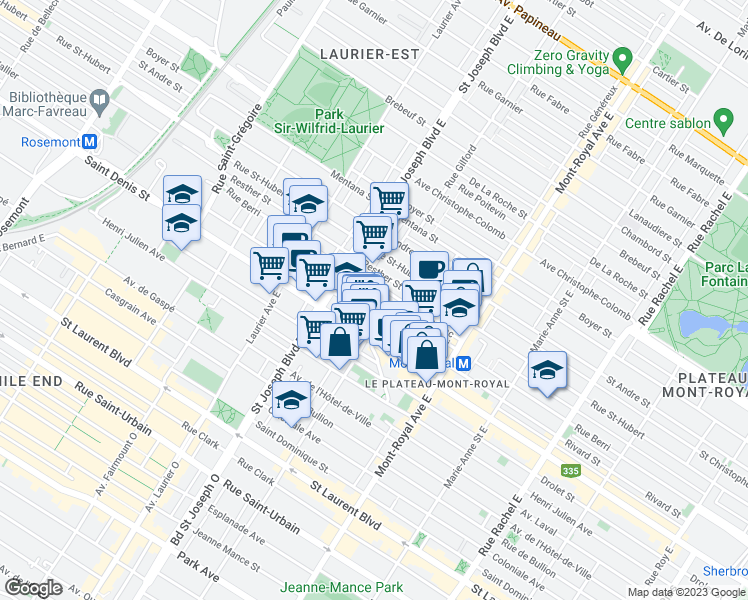 map of restaurants, bars, coffee shops, grocery stores, and more near 4764 Rue Berri in Montréal