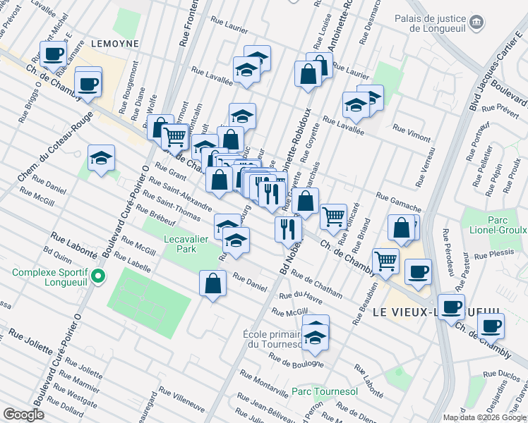 map of restaurants, bars, coffee shops, grocery stores, and more near 2248 Chemin de Chambly in Longueuil