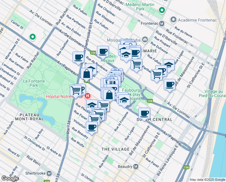 map of restaurants, bars, coffee shops, grocery stores, and more near in Montreal