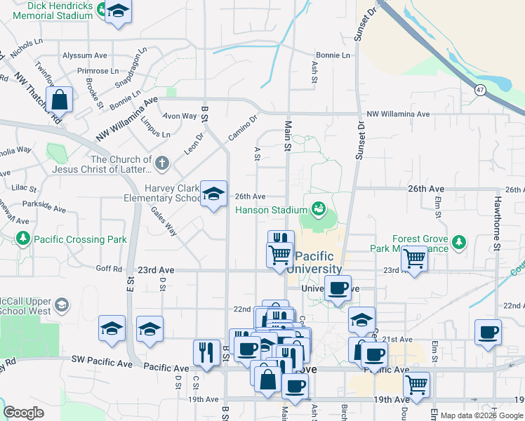 map of restaurants, bars, coffee shops, grocery stores, and more near 2504 A Street in Forest Grove