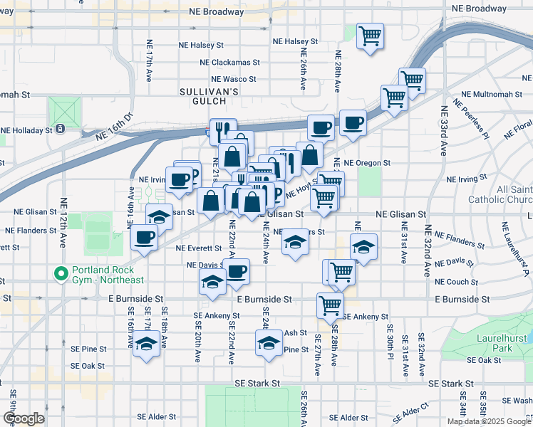 map of restaurants, bars, coffee shops, grocery stores, and more near NE Glisan St & NE 24th Ave in Portland