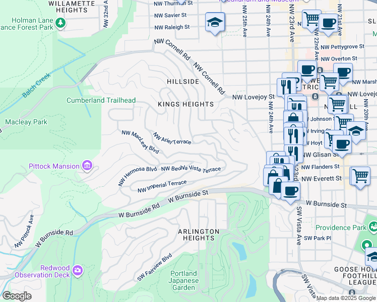 map of restaurants, bars, coffee shops, grocery stores, and more near 424 Northwest Macleay Boulevard in Portland