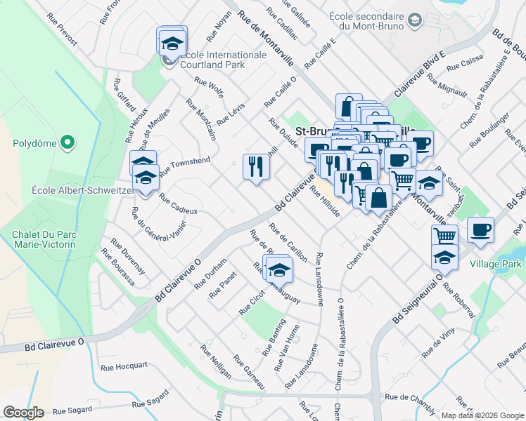 map of restaurants, bars, coffee shops, grocery stores, and more near 1330 Rue de Carillon in Saint-Bruno-de-Montarville
