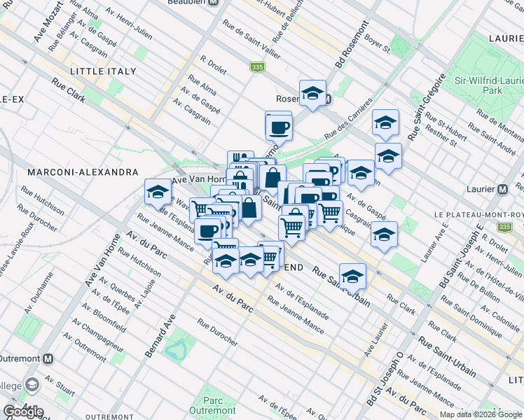 map of restaurants, bars, coffee shops, grocery stores, and more near 5705 Rue Clark in Montrã©Al