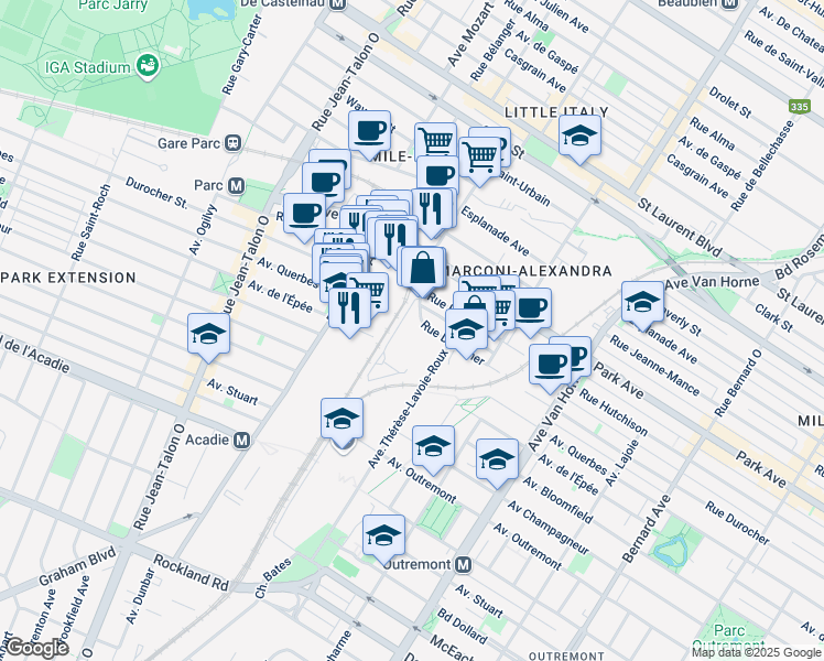 map of restaurants, bars, coffee shops, grocery stores, and more near 6584-6660 Rue Durocher in Montréal