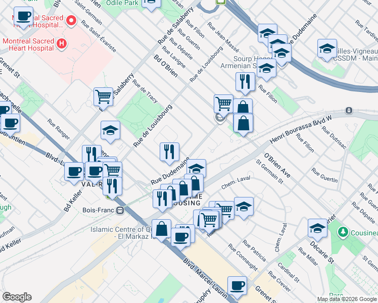 map of restaurants, bars, coffee shops, grocery stores, and more near 5353 Rue Dudemaine in Montréal