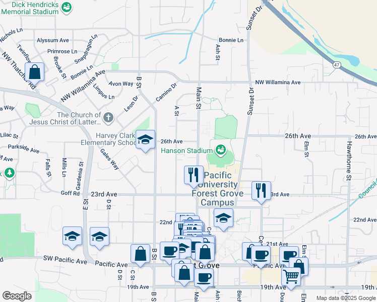 map of restaurants, bars, coffee shops, grocery stores, and more near 2508 Main Street in Forest Grove