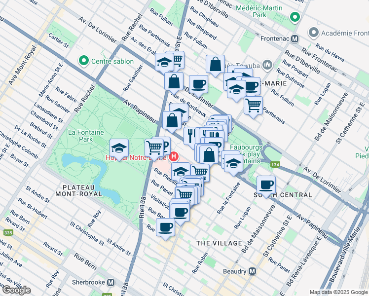 map of restaurants, bars, coffee shops, grocery stores, and more near 2150 Avenue Papineau in Montréal