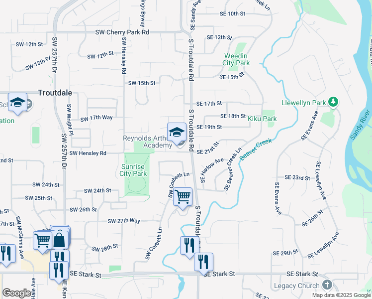 map of restaurants, bars, coffee shops, grocery stores, and more near 2051 South Troutdale Road in Troutdale