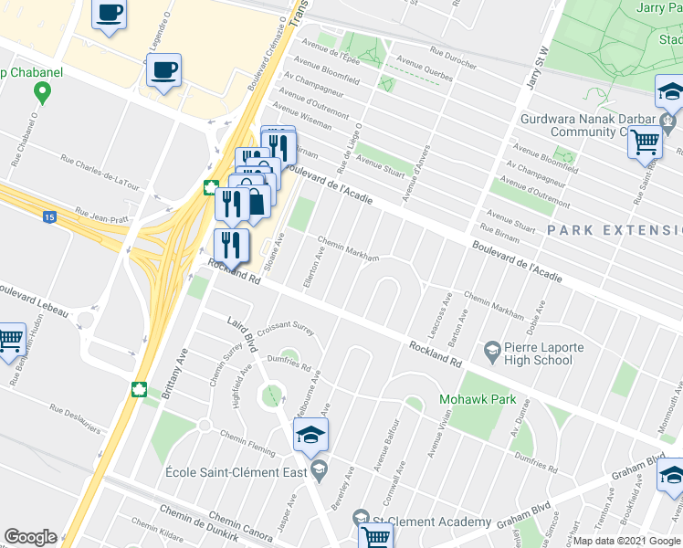 map of restaurants, bars, coffee shops, grocery stores, and more near 360 Avenue Lethbridge in Mont-Royal