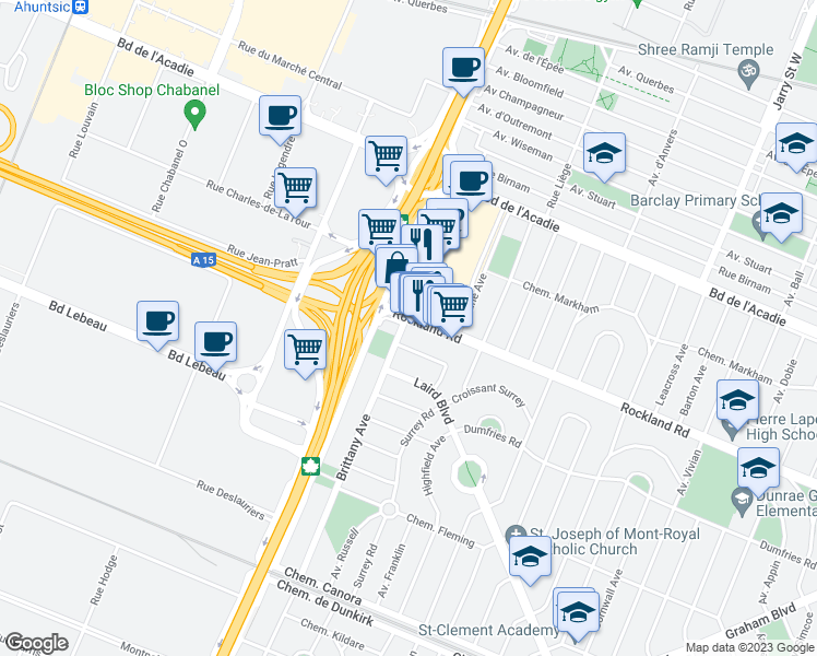 map of restaurants, bars, coffee shops, grocery stores, and more near 2344 Chemin Rockland in Mont-Royal