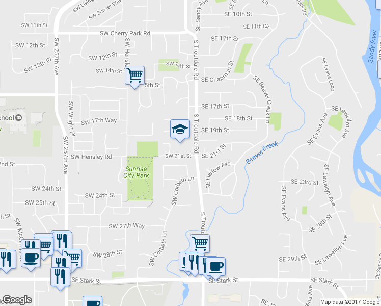 map of restaurants, bars, coffee shops, grocery stores, and more near 2051 South Troutdale Road in Troutdale