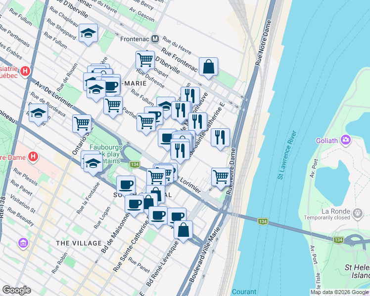 map of restaurants, bars, coffee shops, grocery stores, and more near 1451 Rue Parthenais in Montreal