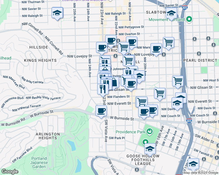 map of restaurants, bars, coffee shops, grocery stores, and more near 2225 Northwest Glisan Street in Portland