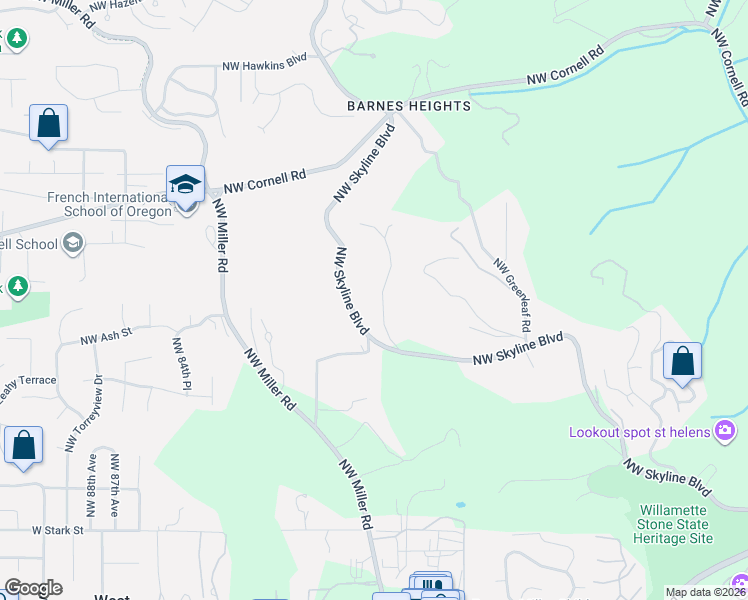 map of restaurants, bars, coffee shops, grocery stores, and more near 483 Northwest Skyline Crest Road in Portland