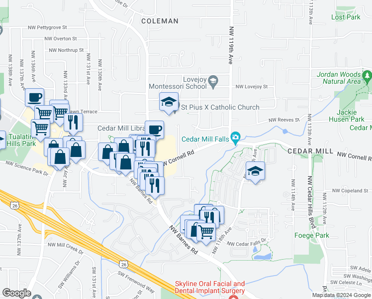 map of restaurants, bars, coffee shops, grocery stores, and more near 12275 Northwest Cornell Road in Portland