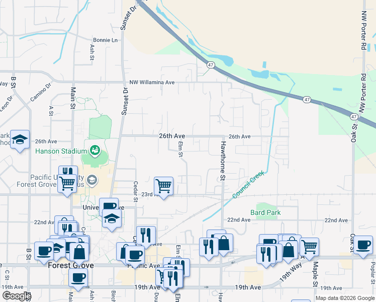 map of restaurants, bars, coffee shops, grocery stores, and more near 2851 25th Avenue in Forest Grove