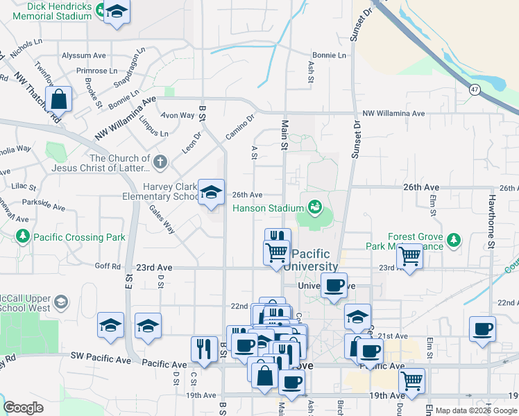 map of restaurants, bars, coffee shops, grocery stores, and more near 2504 A Street in Forest Grove