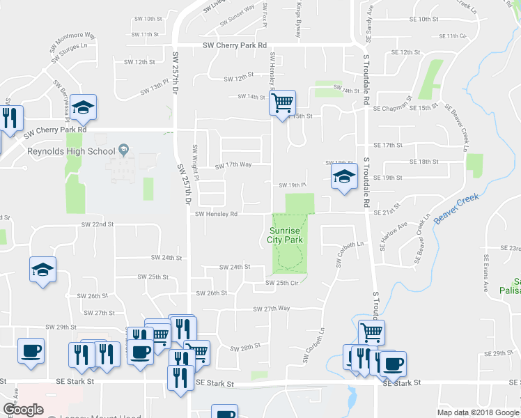 map of restaurants, bars, coffee shops, grocery stores, and more near 722 Southwest 20th Circle in Troutdale