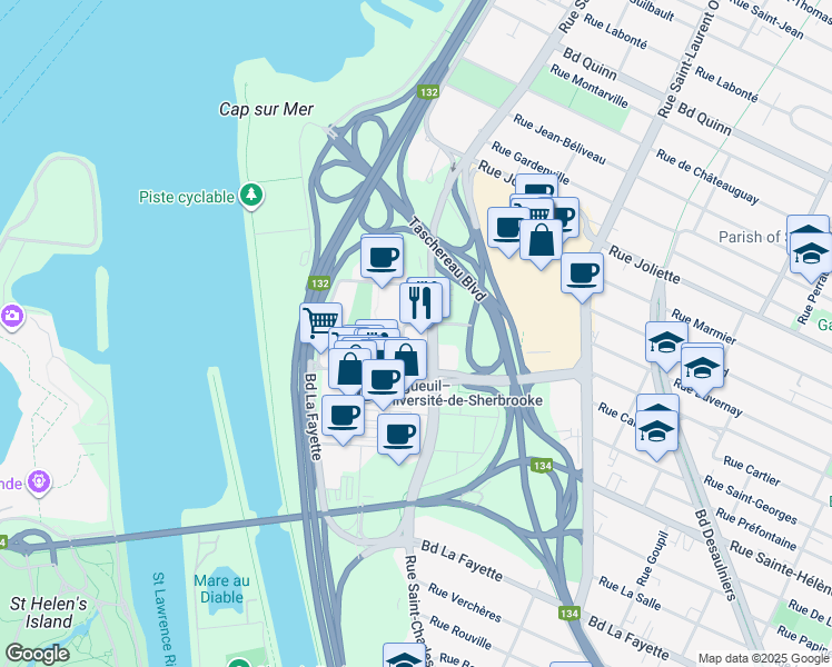 map of restaurants, bars, coffee shops, grocery stores, and more near 1000 Rue Saint-Charles Ouest in Longueuil