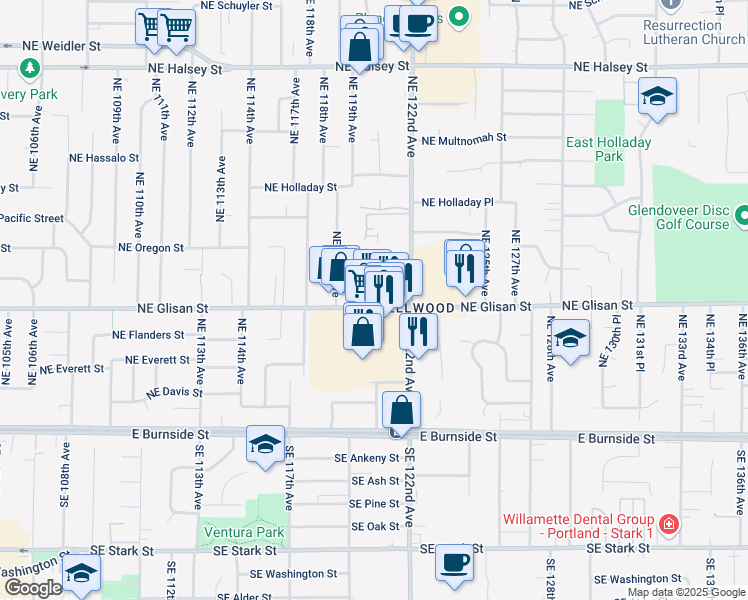 map of restaurants, bars, coffee shops, grocery stores, and more near 12017 Northeast Glisan Street in Portland