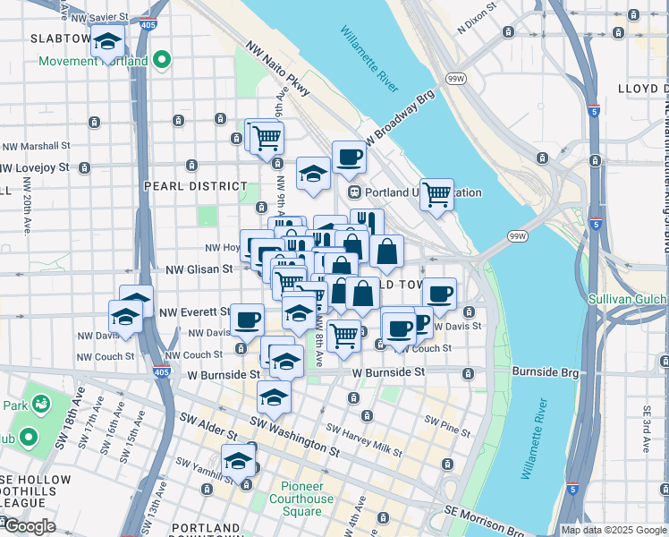 map of restaurants, bars, coffee shops, grocery stores, and more near 439 Northwest Broadway in Portland